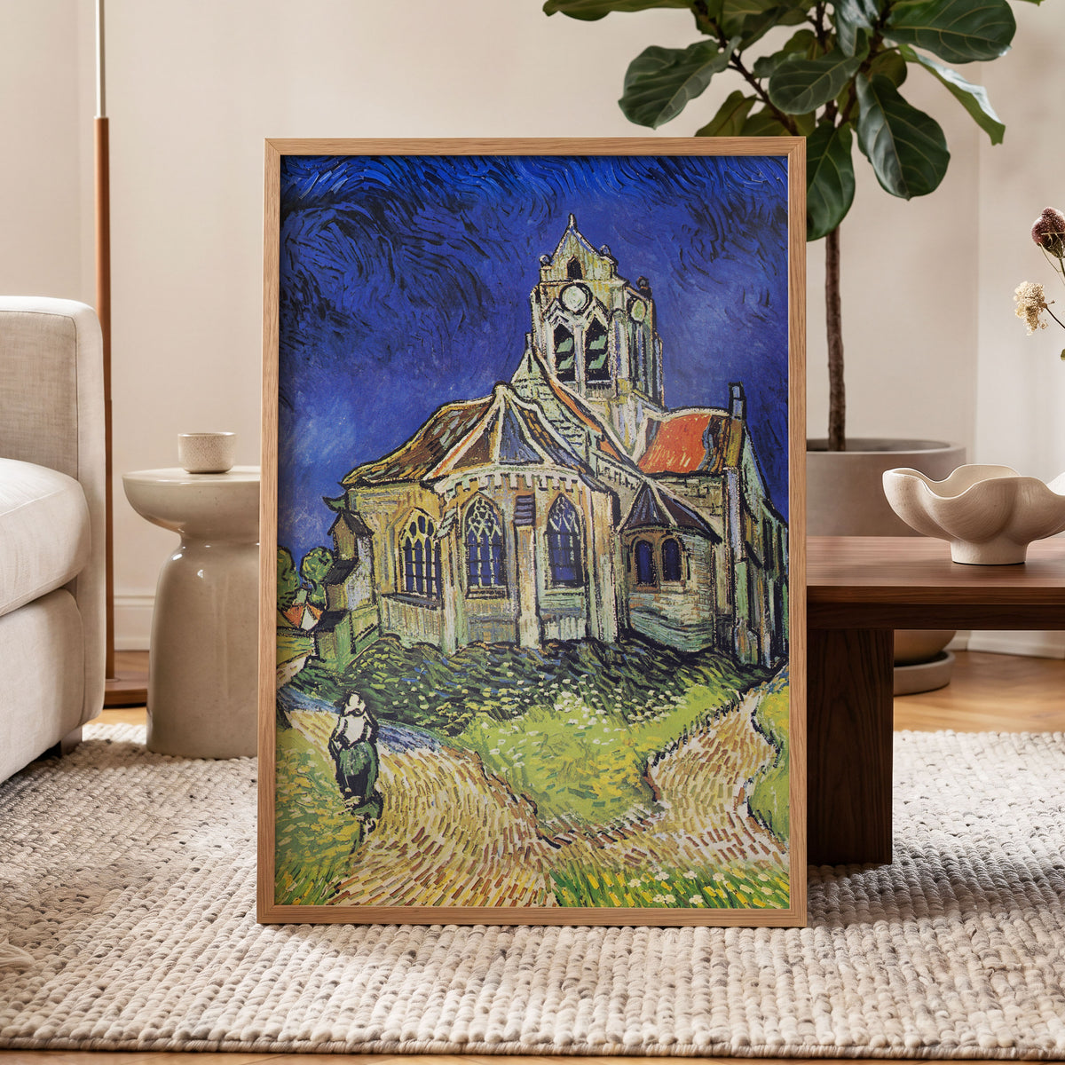 Beneath the Cobalt Sky, blue, green, beige abstract wall art displayed in a styled interior, gallery view 2