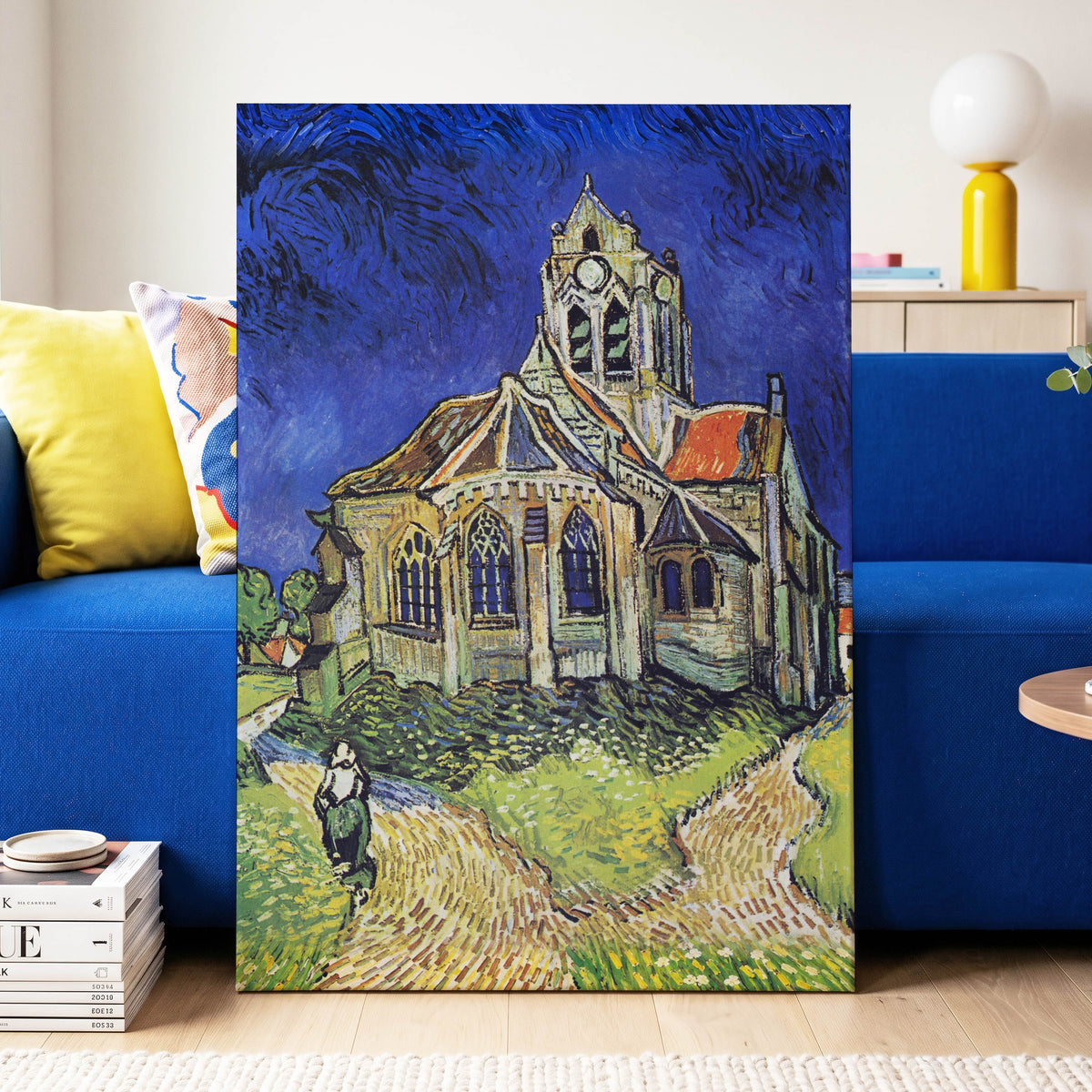 Beneath the Cobalt Sky, blue, green, beige abstract wall art displayed in a styled interior, gallery view 3