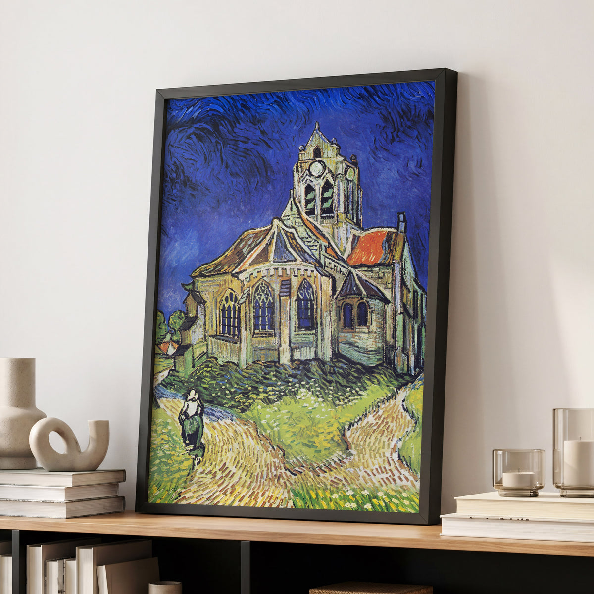 Beneath the Cobalt Sky, blue, green, beige abstract wall art displayed in a styled interior, gallery view 6