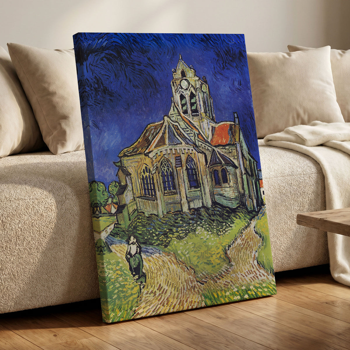 Beneath the Cobalt Sky, blue, green, beige abstract wall art displayed in a styled interior, gallery view 7