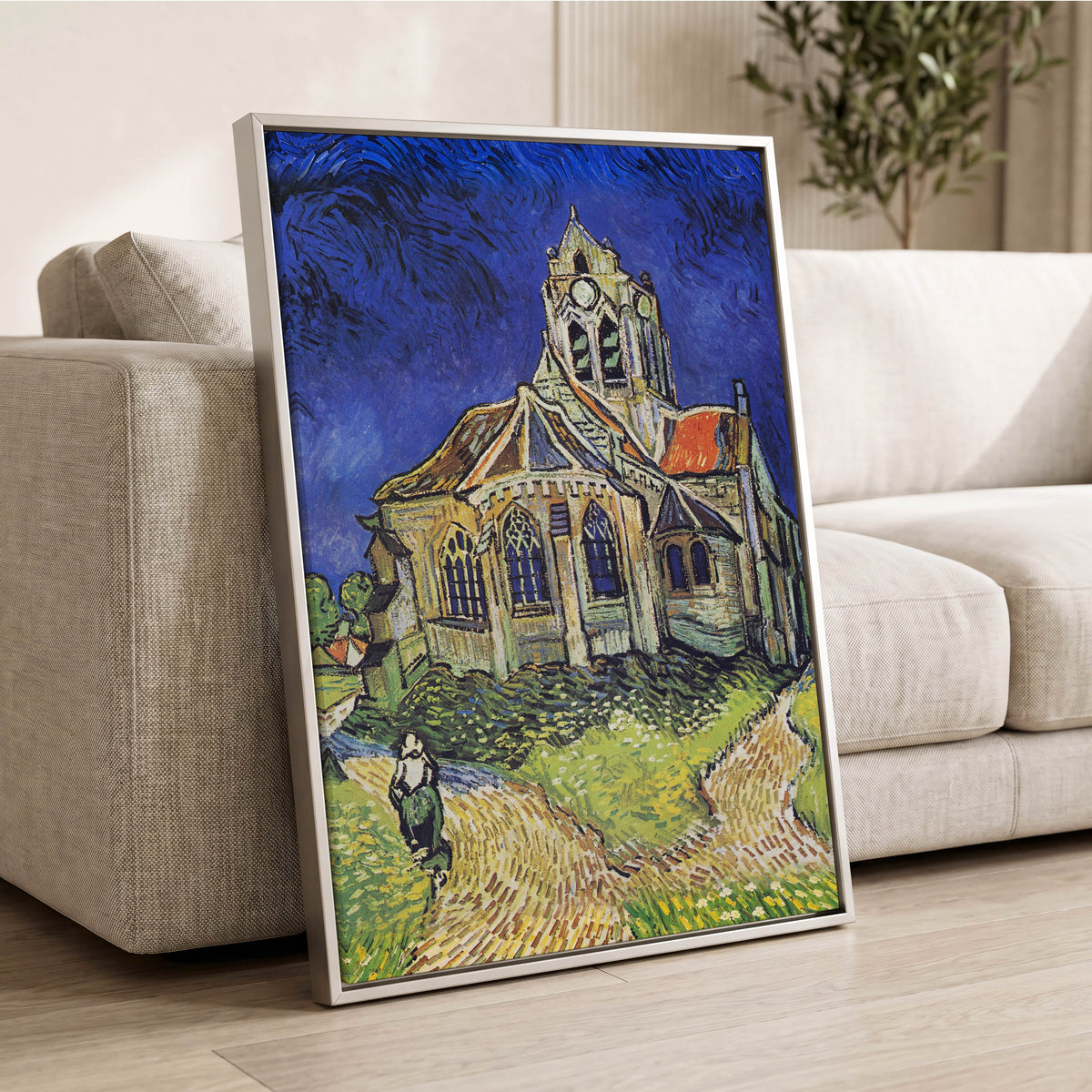 Beneath the Cobalt Sky, blue, green, beige abstract wall art displayed in a styled interior, gallery view 8