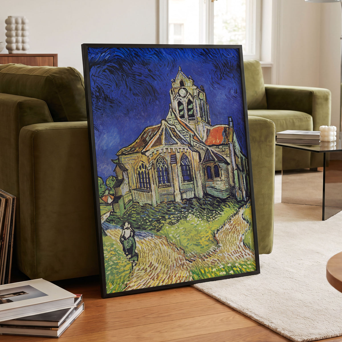 Beneath the Cobalt Sky, blue, green, beige abstract wall art displayed in a styled interior, gallery view 9