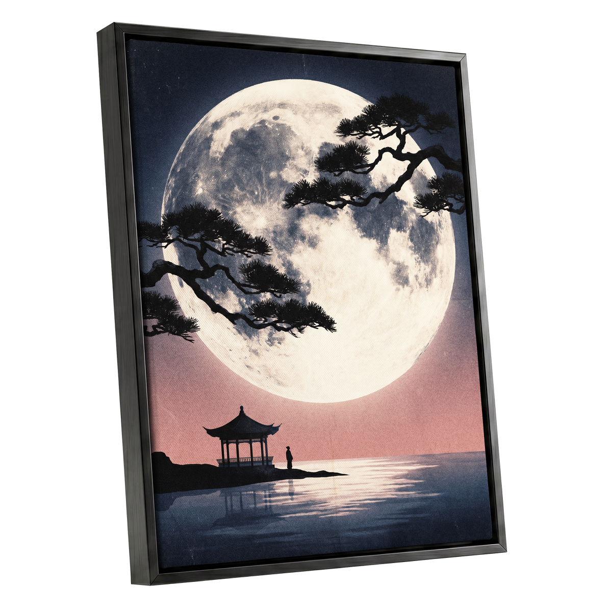 Beneath the Vast Moon, blue, black, beige nature wall art shown as a black framed canvas wall art