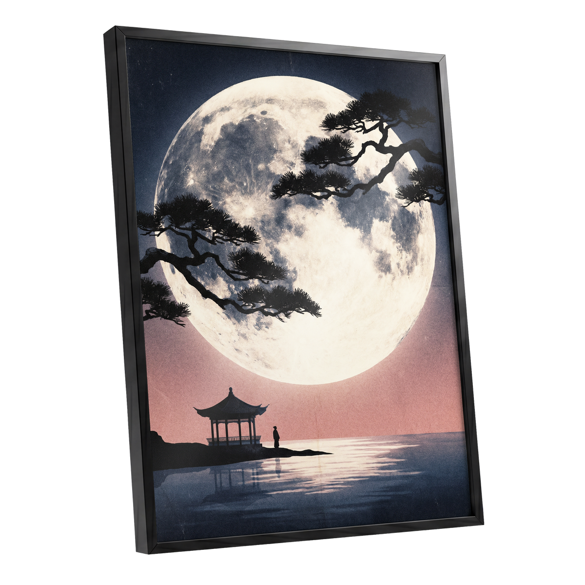 Beneath the Vast Moon, blue, black, beige nature wall art shown as a black framed poster wall art print