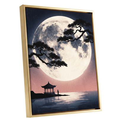 Beneath the Vast Moon, blue, black, beige nature wall art shown as a gold framed canvas wall art
