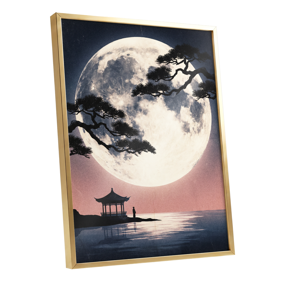 Beneath the Vast Moon, blue, black, beige nature wall art shown as a gold framed poster wall art print