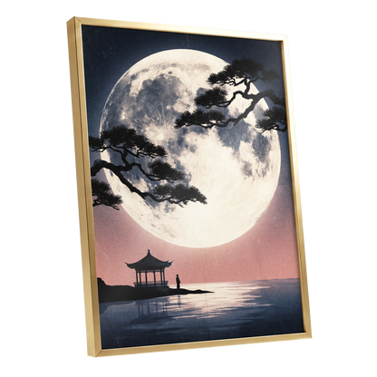 Beneath the Vast Moon, blue, black, beige nature wall art shown as a gold framed poster wall art print