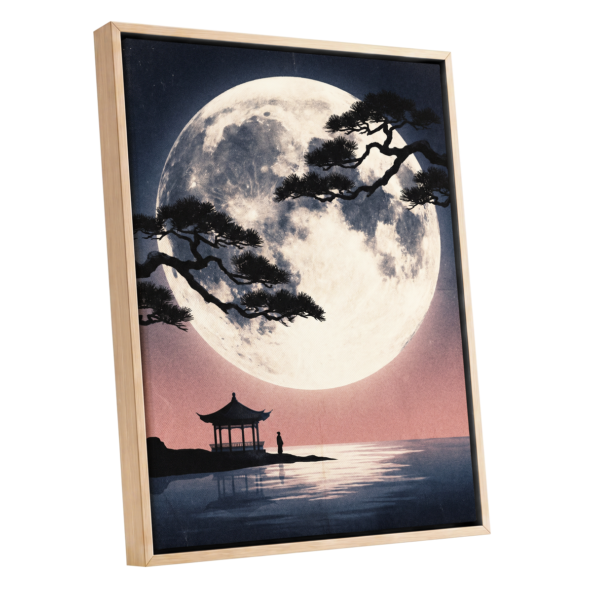 Beneath the Vast Moon, blue, black, beige nature wall art shown as a oak framed canvas wall art