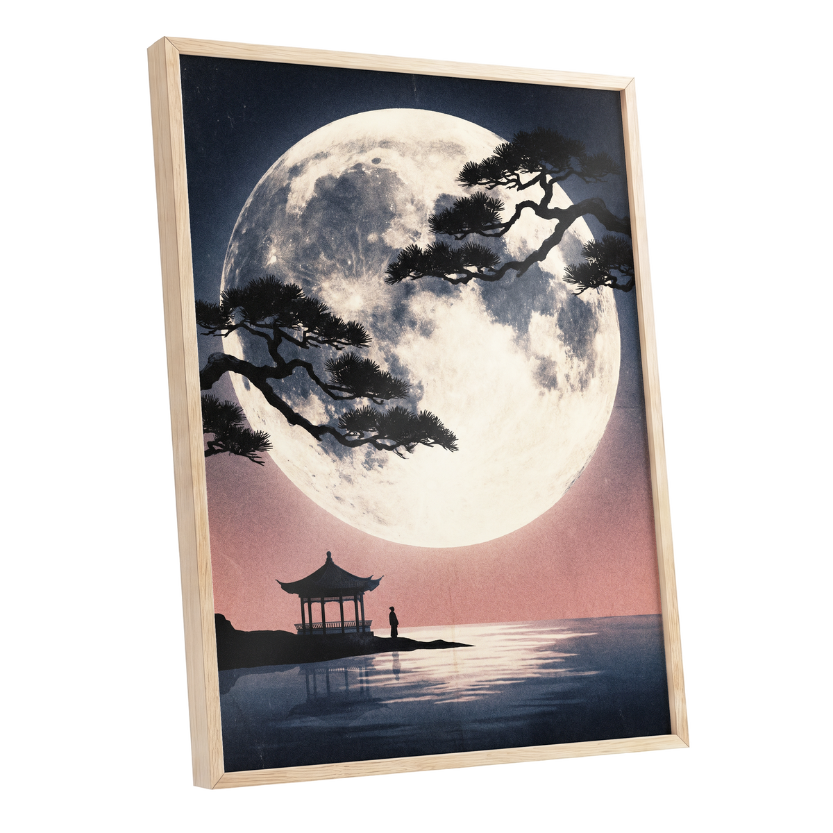 Beneath the Vast Moon, blue, black, beige nature wall art shown as a oak framed poster wall art print