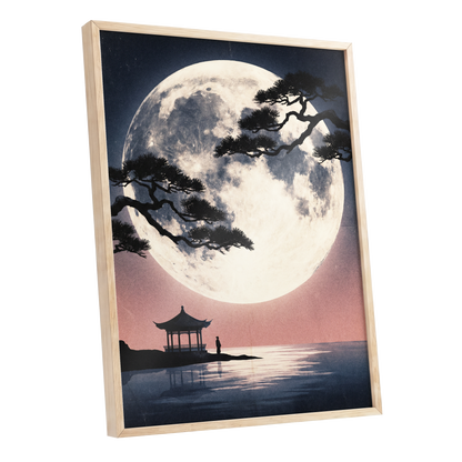 Beneath the Vast Moon, blue, black, beige nature wall art shown as a oak framed poster wall art print