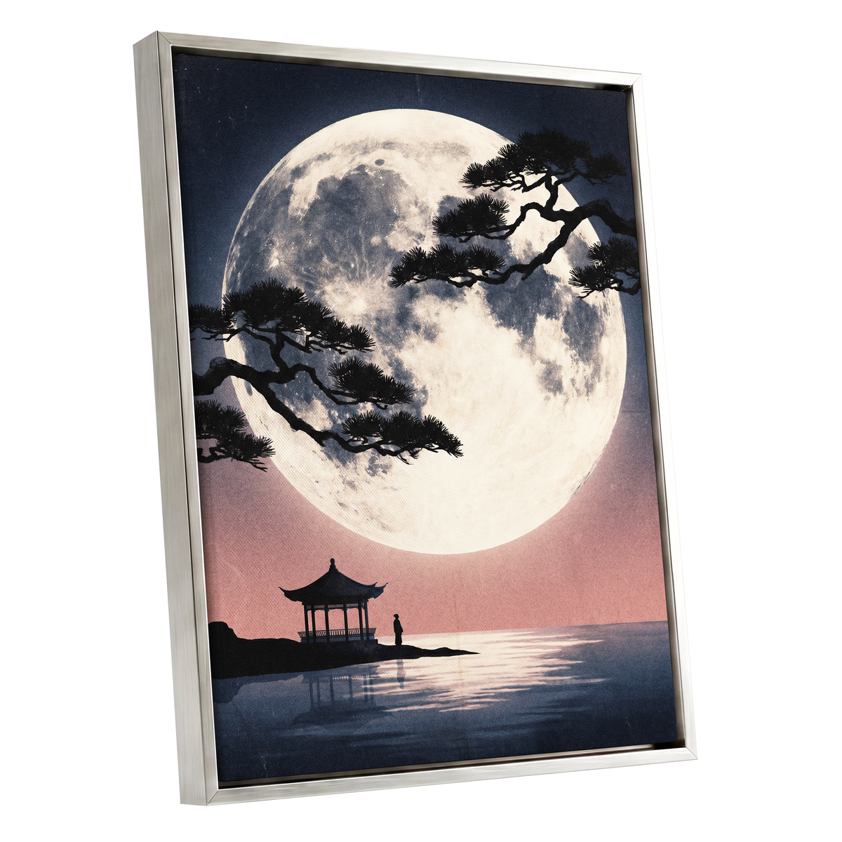 Beneath the Vast Moon, blue, black, beige nature wall art shown as a silver framed canvas wall art
