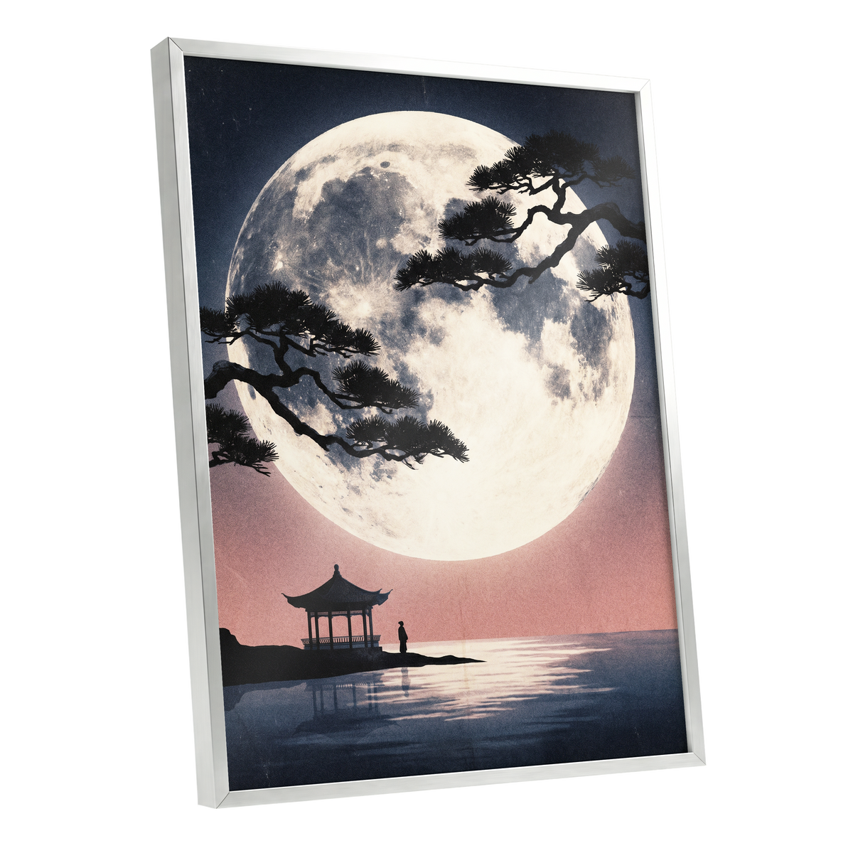 Beneath the Vast Moon, blue, black, beige nature wall art shown as a silver framed poster wall art print