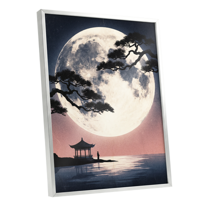 Beneath the Vast Moon, blue, black, beige nature wall art shown as a silver framed poster wall art print