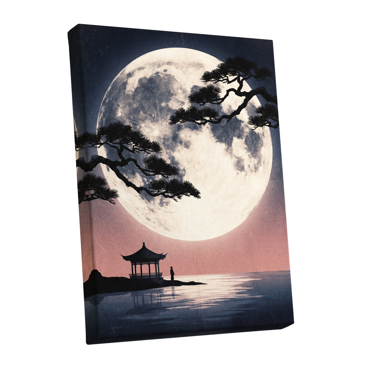 Beneath the Vast Moon, blue, black, beige nature wall art shown as a stretched canvas wall art