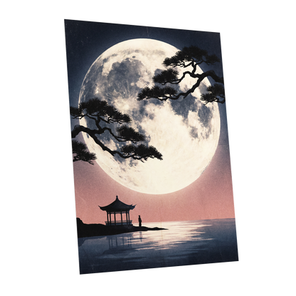 Beneath the Vast Moon, blue, black, beige nature wall art shown as a unframed poster wall art print