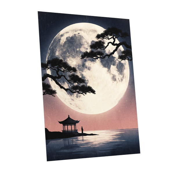 Beneath the Vast Moon, blue, black, beige nature wall art shown as a unframed poster wall art print