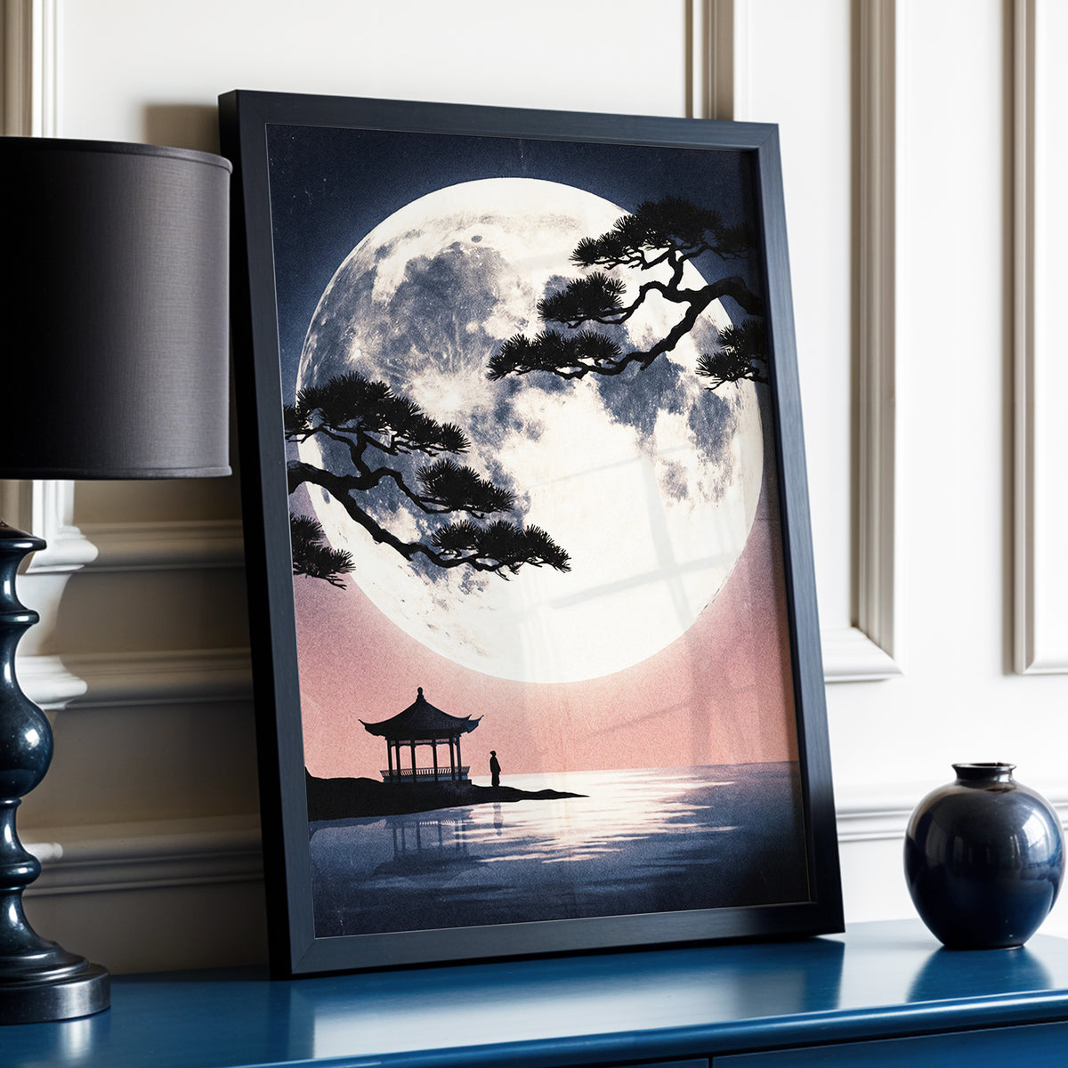 Beneath the Vast Moon, blue, black, beige nature wall art displayed in a styled interior, gallery view 2