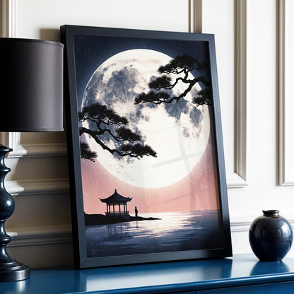Beneath the Vast Moon, blue, black, beige nature wall art displayed in a styled interior, gallery view 2