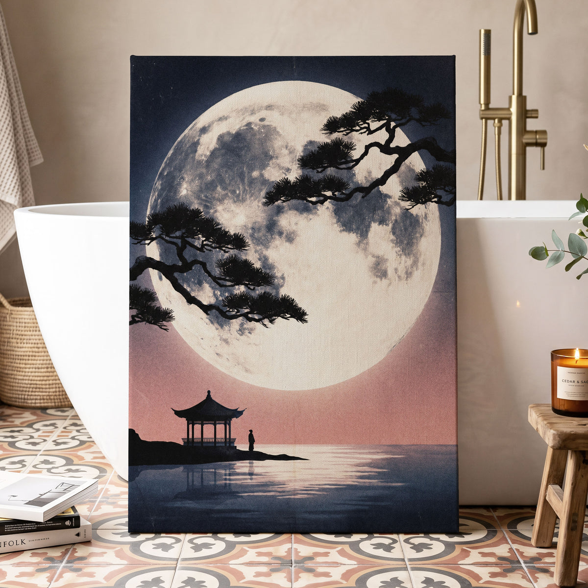 Beneath the Vast Moon, blue, black, beige nature wall art displayed in a styled interior, gallery view 3