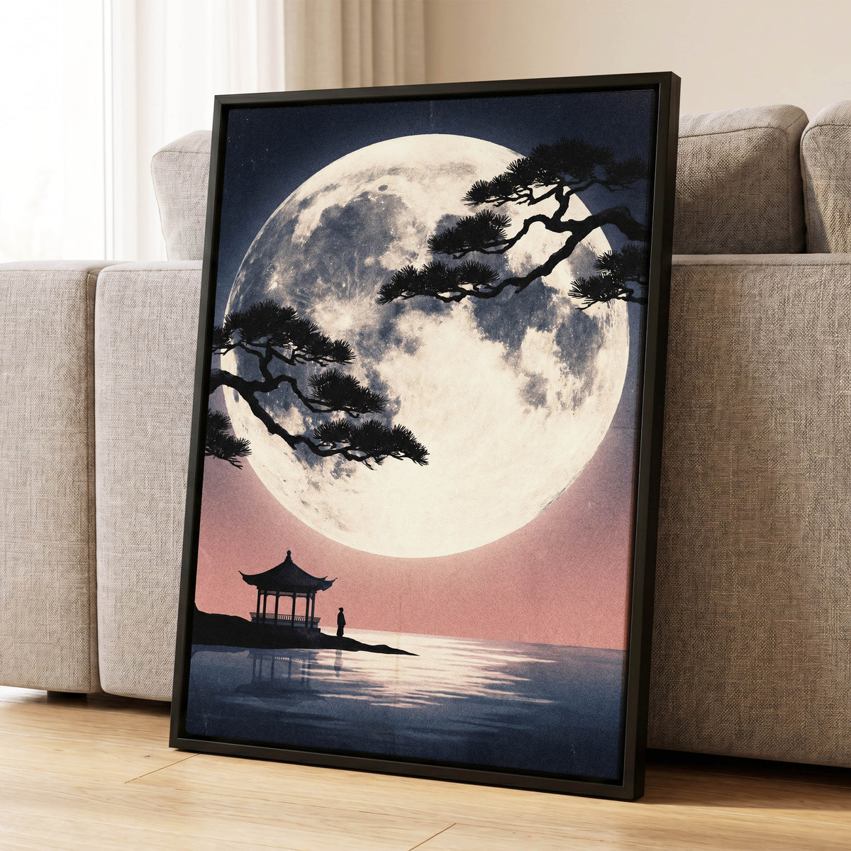 Beneath the Vast Moon, blue, black, beige nature wall art displayed in a styled interior, gallery view 4