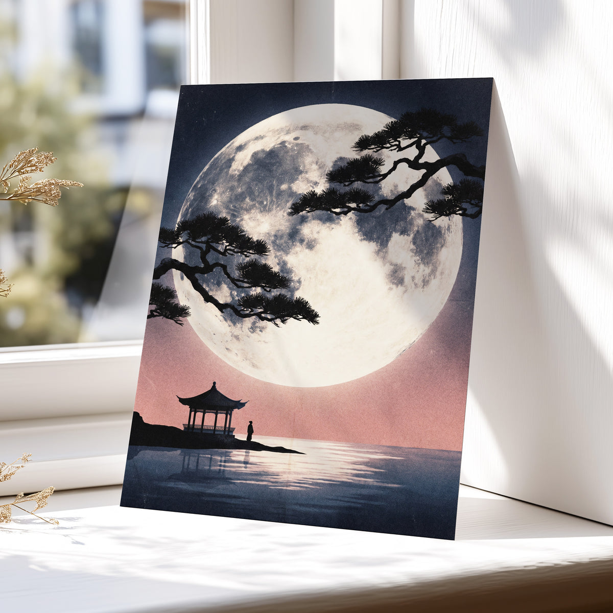 Beneath the Vast Moon, blue, black, beige nature wall art displayed in a styled interior, gallery view 5