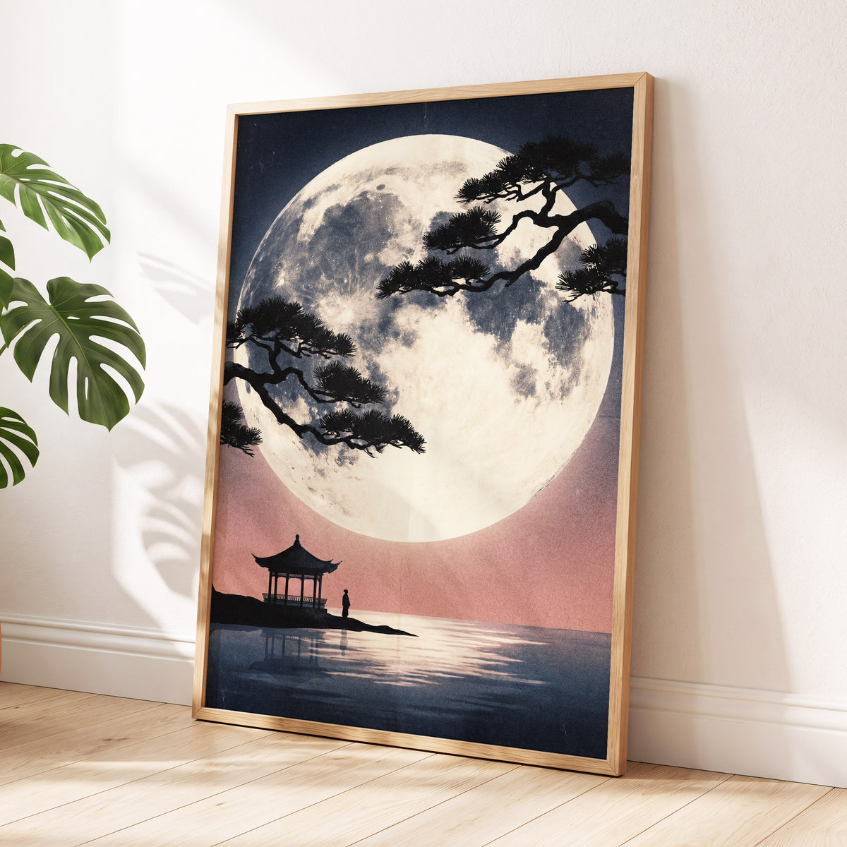Beneath the Vast Moon, blue, black, beige nature wall art displayed in a styled interior, gallery view 6