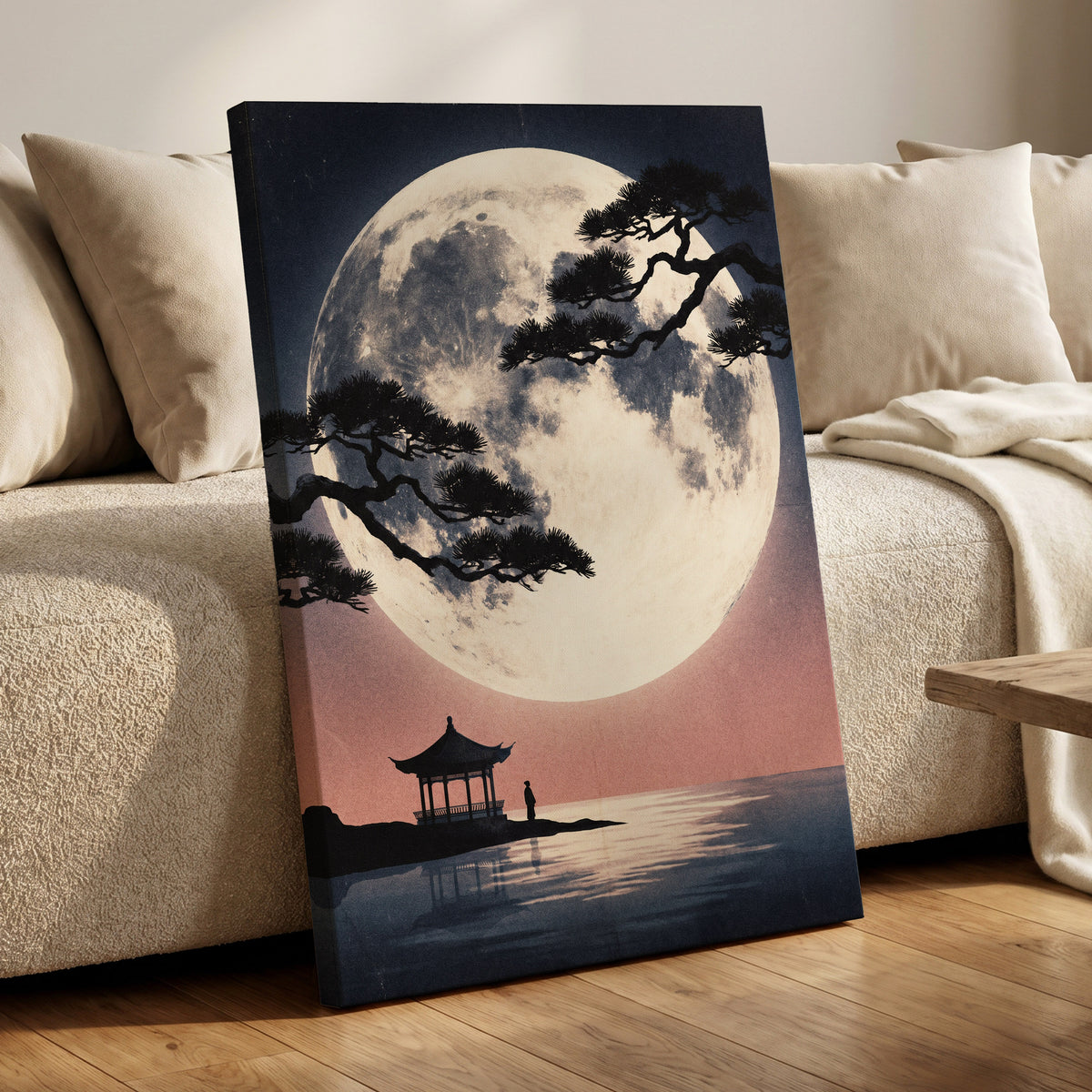Beneath the Vast Moon, blue, black, beige nature wall art displayed in a styled interior, gallery view 7