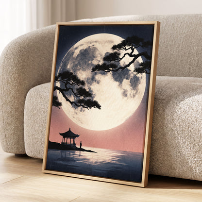 Beneath the Vast Moon, blue, black, beige nature wall art displayed in a styled interior, gallery view 8