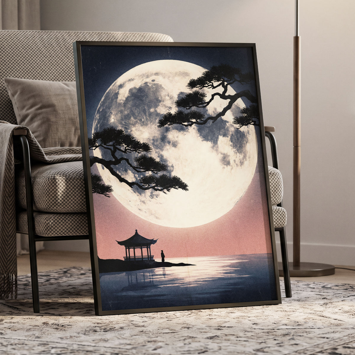 Beneath the Vast Moon, blue, black, beige nature wall art displayed in a styled interior, gallery view 9