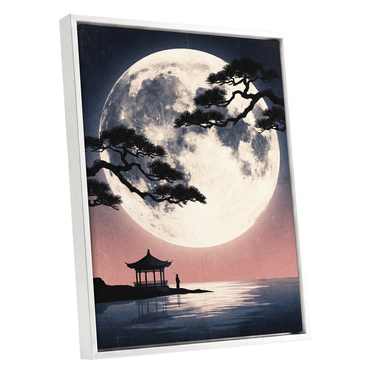 Beneath the Vast Moon, blue, black, beige nature wall art shown as a white framed canvas wall art