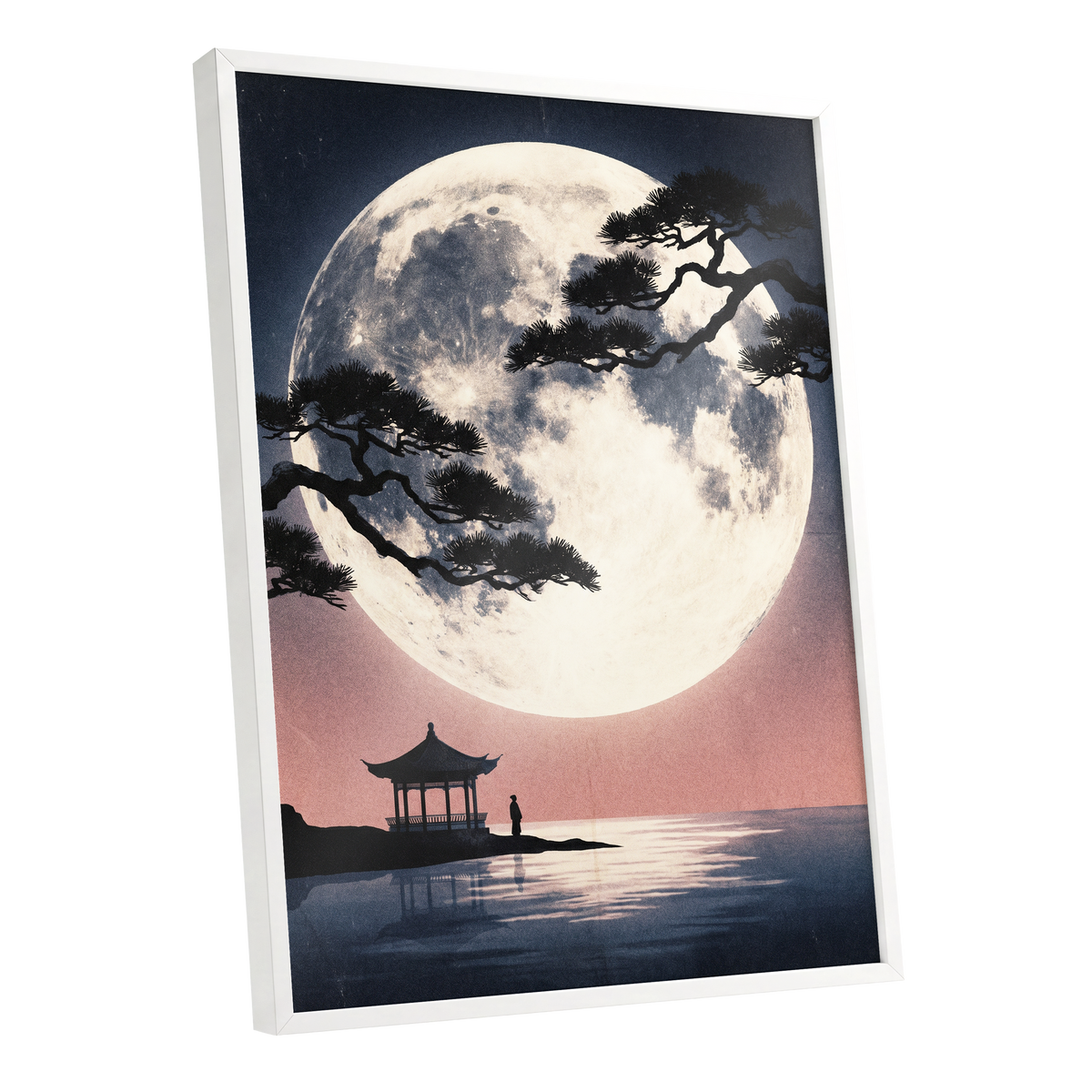 Beneath the Vast Moon, blue, black, beige nature wall art shown as a white framed poster wall art print