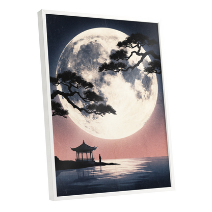 Beneath the Vast Moon, blue, black, beige nature wall art shown as a white framed poster wall art print