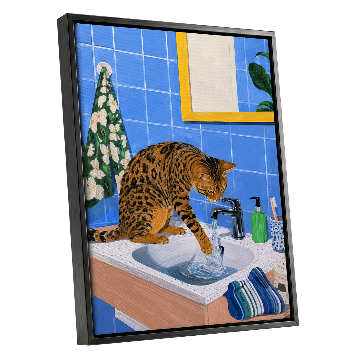 Bengal Basin, blue, brown, black minimalist wall art shown as a black framed canvas wall art