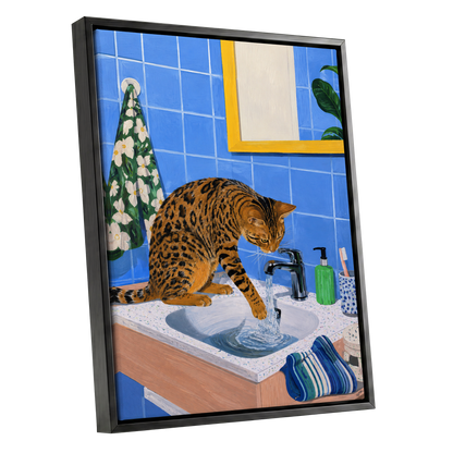 Bengal Basin, blue, brown, black minimalist wall art shown as a black framed canvas wall art