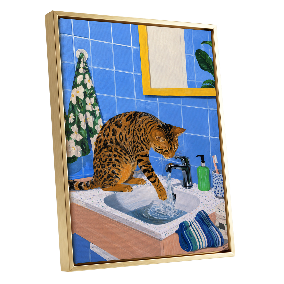 Bengal Basin, blue, brown, black minimalist wall art shown as a gold framed canvas wall art