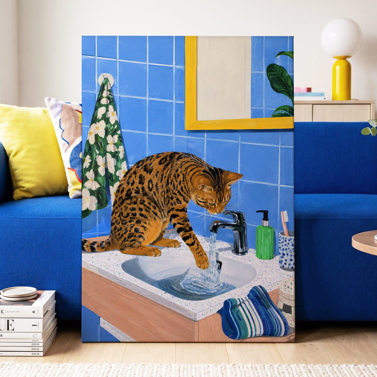 Bengal Basin, blue, brown, black minimalist wall art displayed in a styled interior, gallery view 3