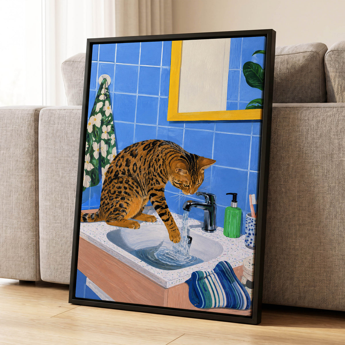 Bengal Basin, blue, brown, black minimalist wall art displayed in a styled interior, gallery view 4