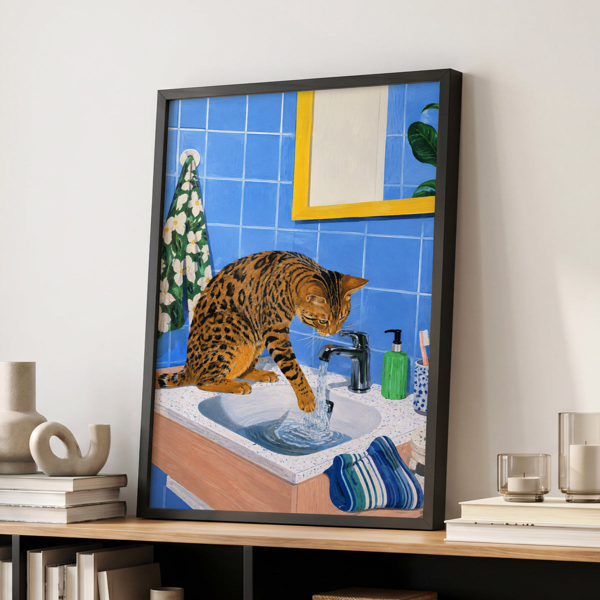 Bengal Basin, blue, brown, black minimalist wall art displayed in a styled interior, gallery view 6
