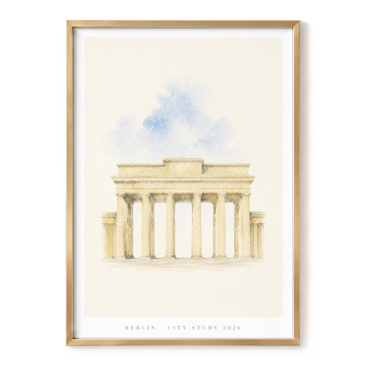 Berlin in Quiet Light, beige, blue, white minimalist wall art, front artwork view