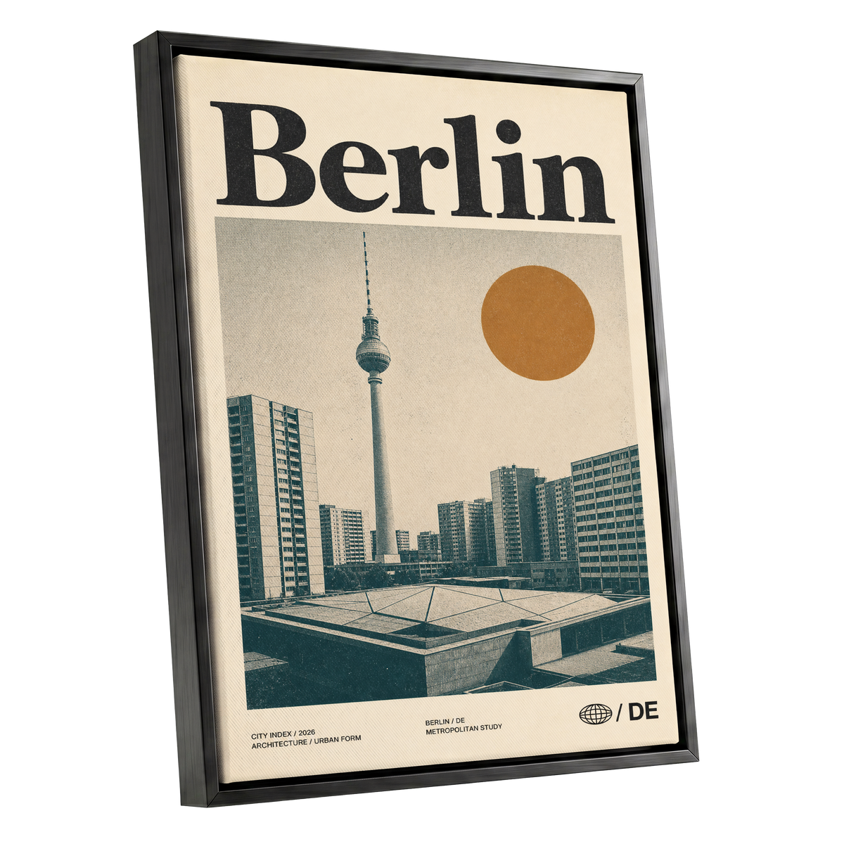 Berlin Modernist Orbit, beige, black, orange minimalist wall art shown as a black framed canvas wall art