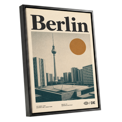 Berlin Modernist Orbit, beige, black, orange minimalist wall art shown as a black framed canvas wall art