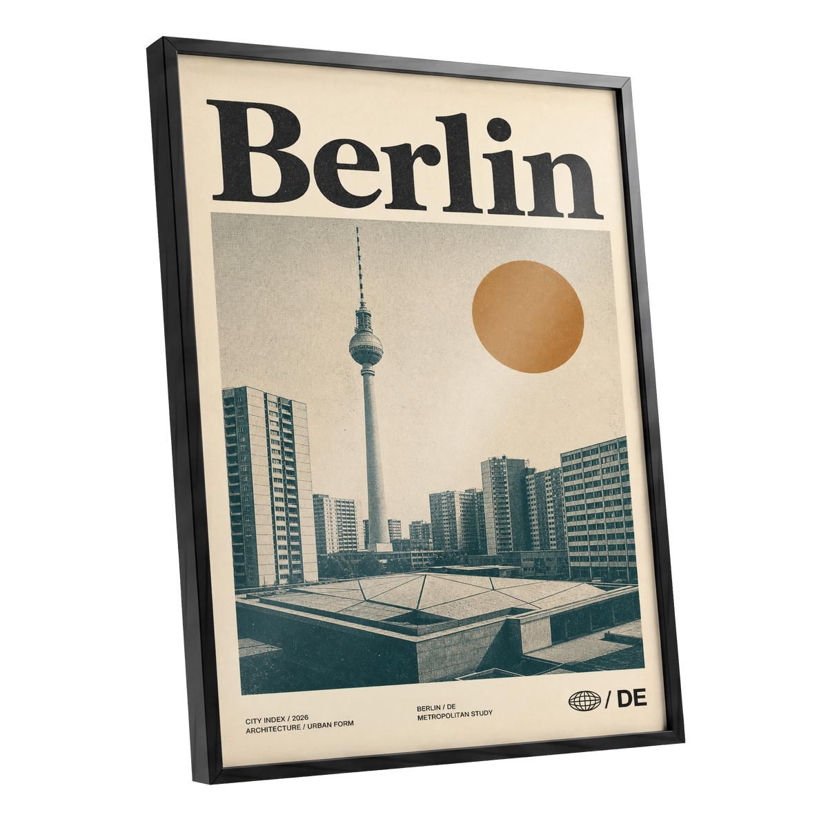 Berlin Modernist Orbit, beige, black, orange minimalist wall art shown as a black framed poster wall art print