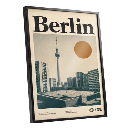 Berlin Modernist Orbit, beige, black, orange minimalist wall art shown as a black framed poster wall art print
