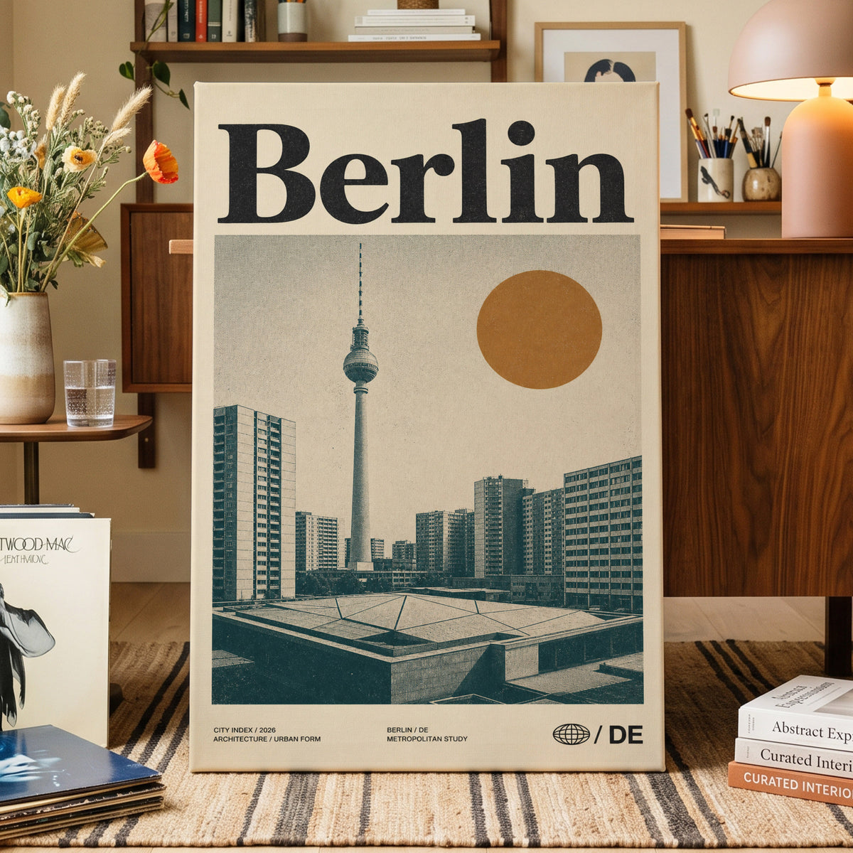 Berlin Modernist Orbit, beige, black, orange minimalist wall art on canvas displayed in a styled interior, gallery view 1
