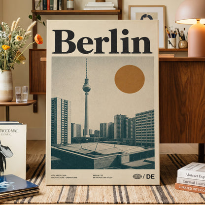 Berlin Modernist Orbit, beige, black, orange minimalist wall art on canvas displayed in a styled interior, gallery view 1