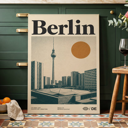 Berlin Modernist Orbit, beige, black, orange minimalist wall art on canvas displayed in a styled interior, gallery view 2