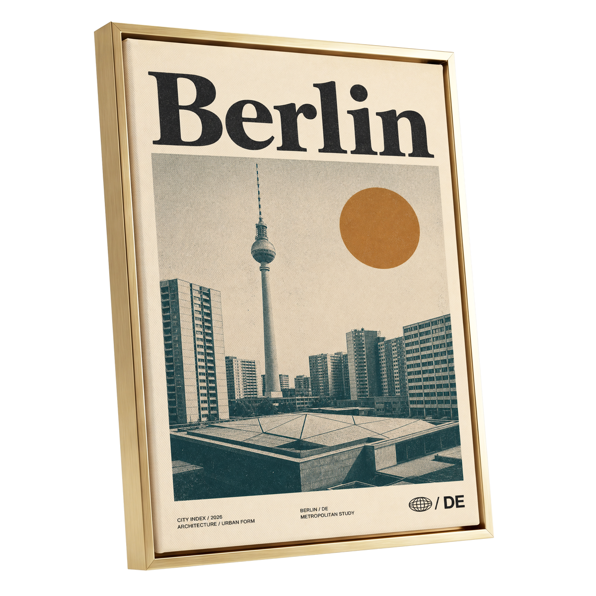 Berlin Modernist Orbit, beige, black, orange minimalist wall art shown as a gold framed canvas wall art