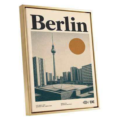 Berlin Modernist Orbit, beige, black, orange minimalist wall art shown as a gold framed canvas wall art