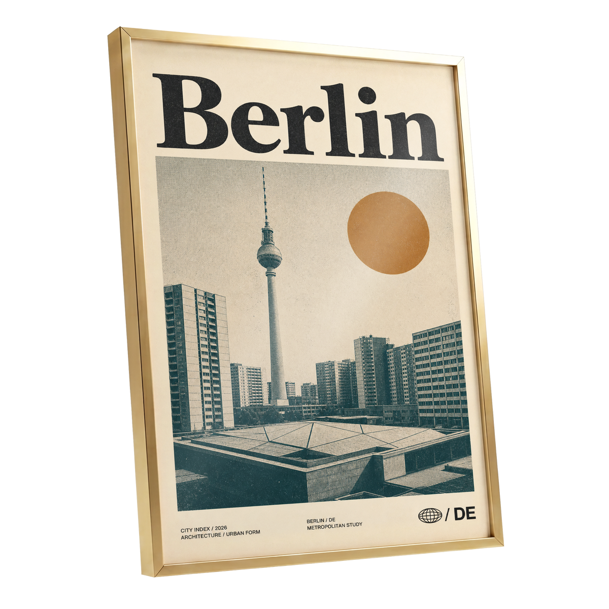 Berlin Modernist Orbit, beige, black, orange minimalist wall art shown as a gold framed poster wall art print