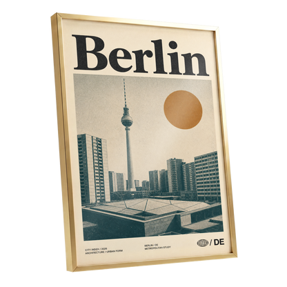 Berlin Modernist Orbit, beige, black, orange minimalist wall art shown as a gold framed poster wall art print